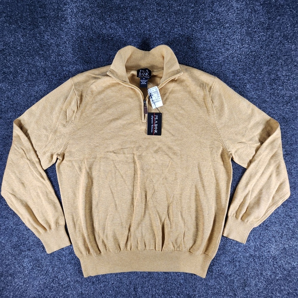 NWT Jos A Bank Quarter Zip‎ Sweater Men's M Mustard Pima Cotton Mock Neck Preppy - Picture 2 of 6